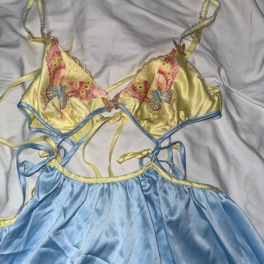 For Love & Lemons Pastel Yellow and Light Blue Mini Dress - Picture 3 of 11